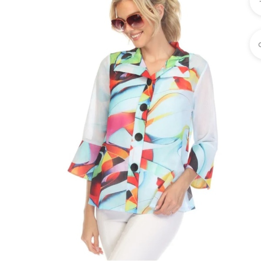 DAME ABSTRACT WATER COLOR PRINT JACKET IN BLUE MULTI-4740-MLT SIZE:S